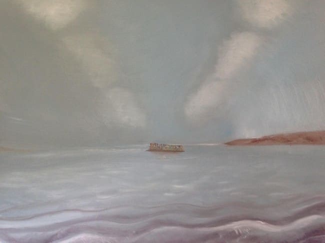 Arriving at Lesvos Ant Wooding Oils on Canvas 90cm x 70cm For Sale by Bid, (starting bid £330), with 100% of proceeds going to Suffolk Refugee Support *This painting was inspired by an original photograph, ‘A boat carrying over 40 Afghans approaches Lesvos after crossing the Aegean from Turkey - Lesvos, Greece. October 31st 2015’, by Giles Duley.