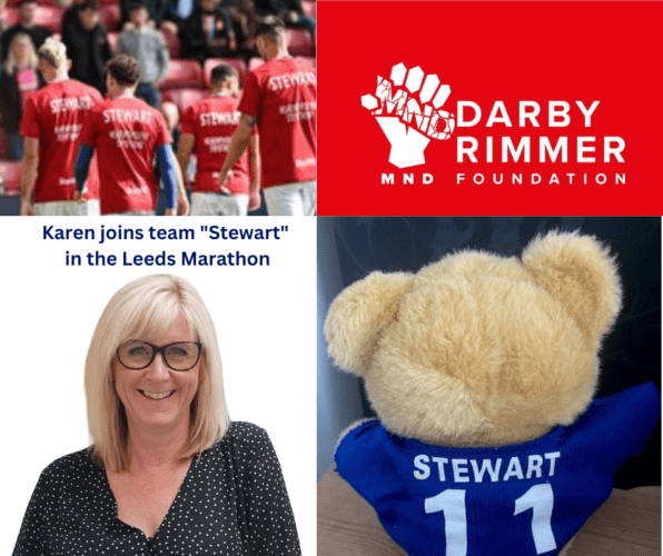 Karen Skene runs for team “Stewart” in the Leeds marathon in May 2024, to support The Darby Rimmer MND Foundation.